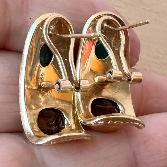 VINTAGE 14K GOLD CABOCHON GARNET GREEN CHRYSOPRASE EARRINGS STATEMENT CUSTOM - Picture 14 of 16